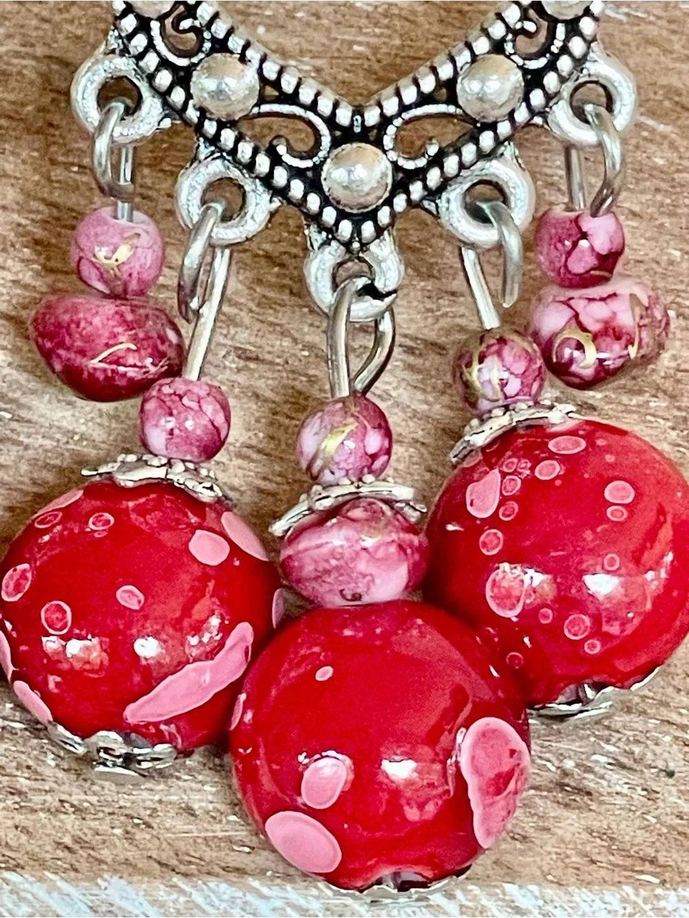 Red Boho Glass Bead Dangle Earrings with Silver Filigree